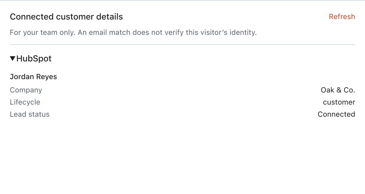 Actual Message Inbox customer-context component with illustrative HubSpot data