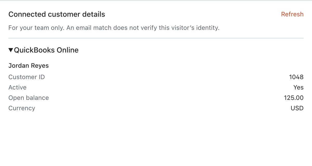 Actual Message Inbox customer-context component with illustrative QuickBooks Online data