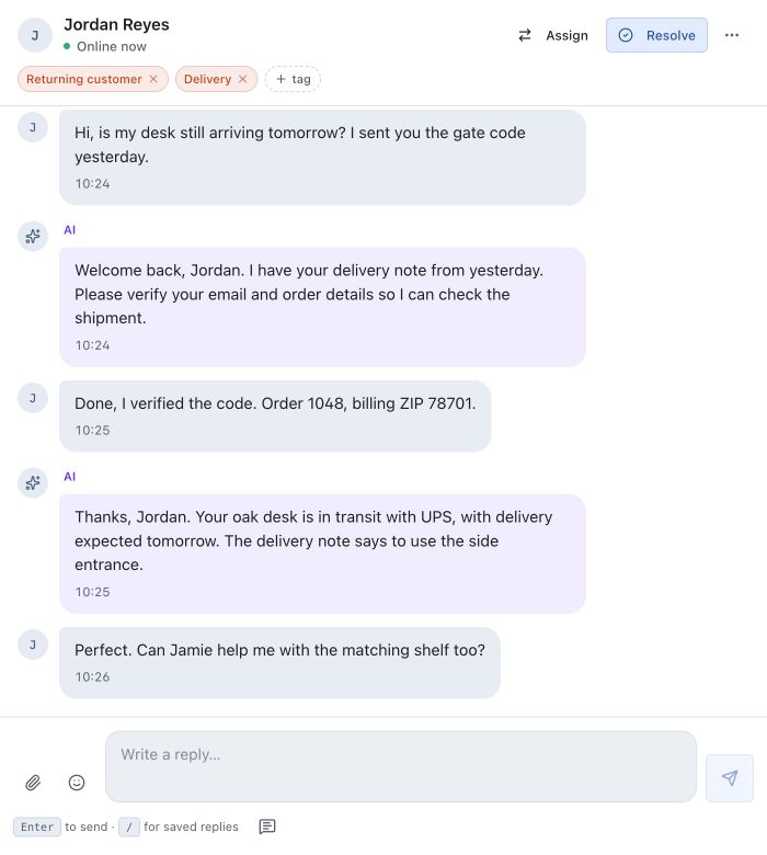 Message AI continuing a returning customer's conversation and answering a verified order question