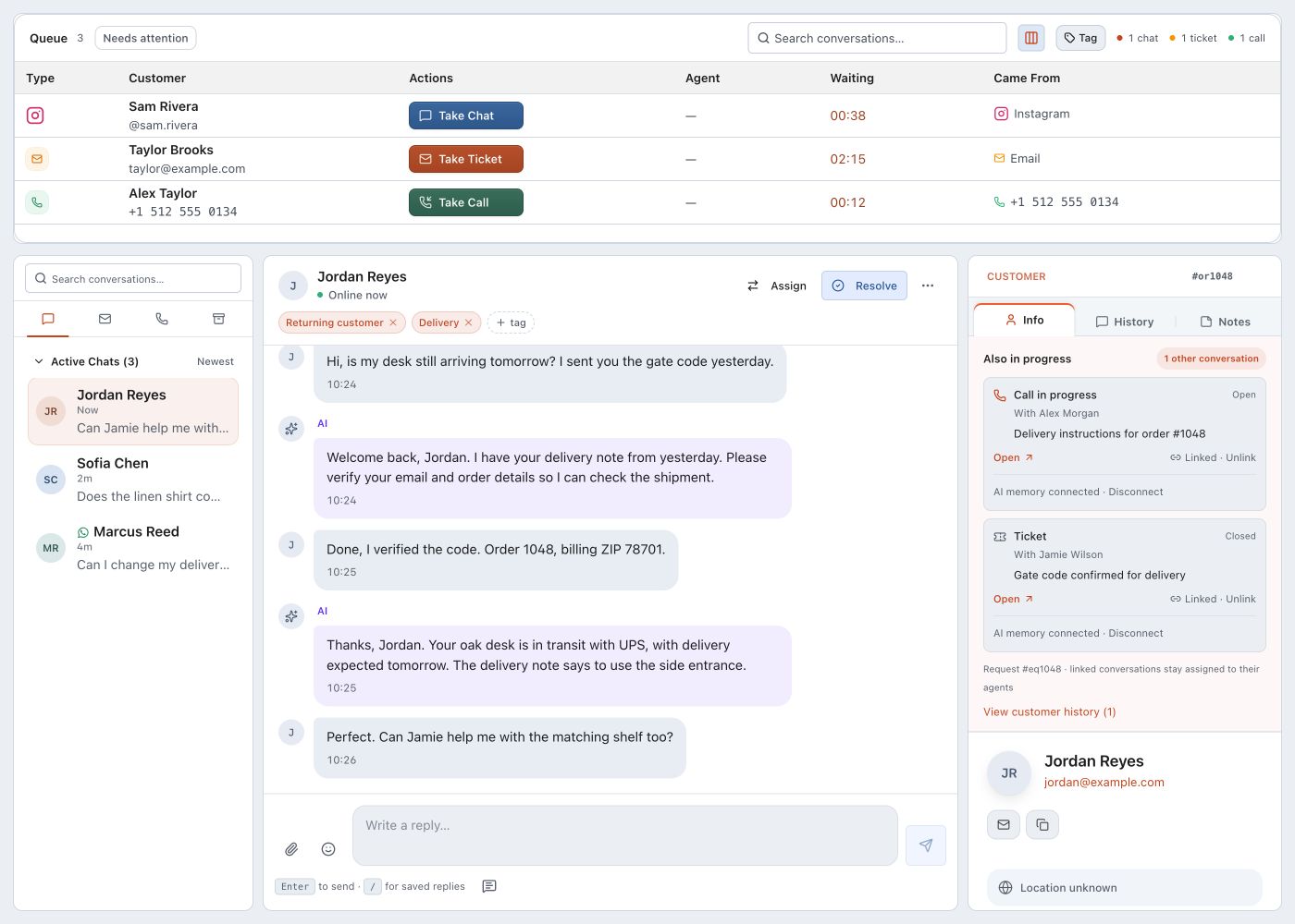 Unified Inbox with queue, customer conversation and linked history