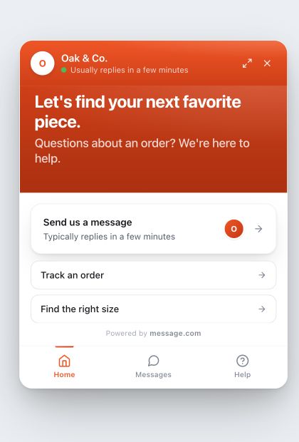 The actual Message website widget with conversation starters, messages and help tabs