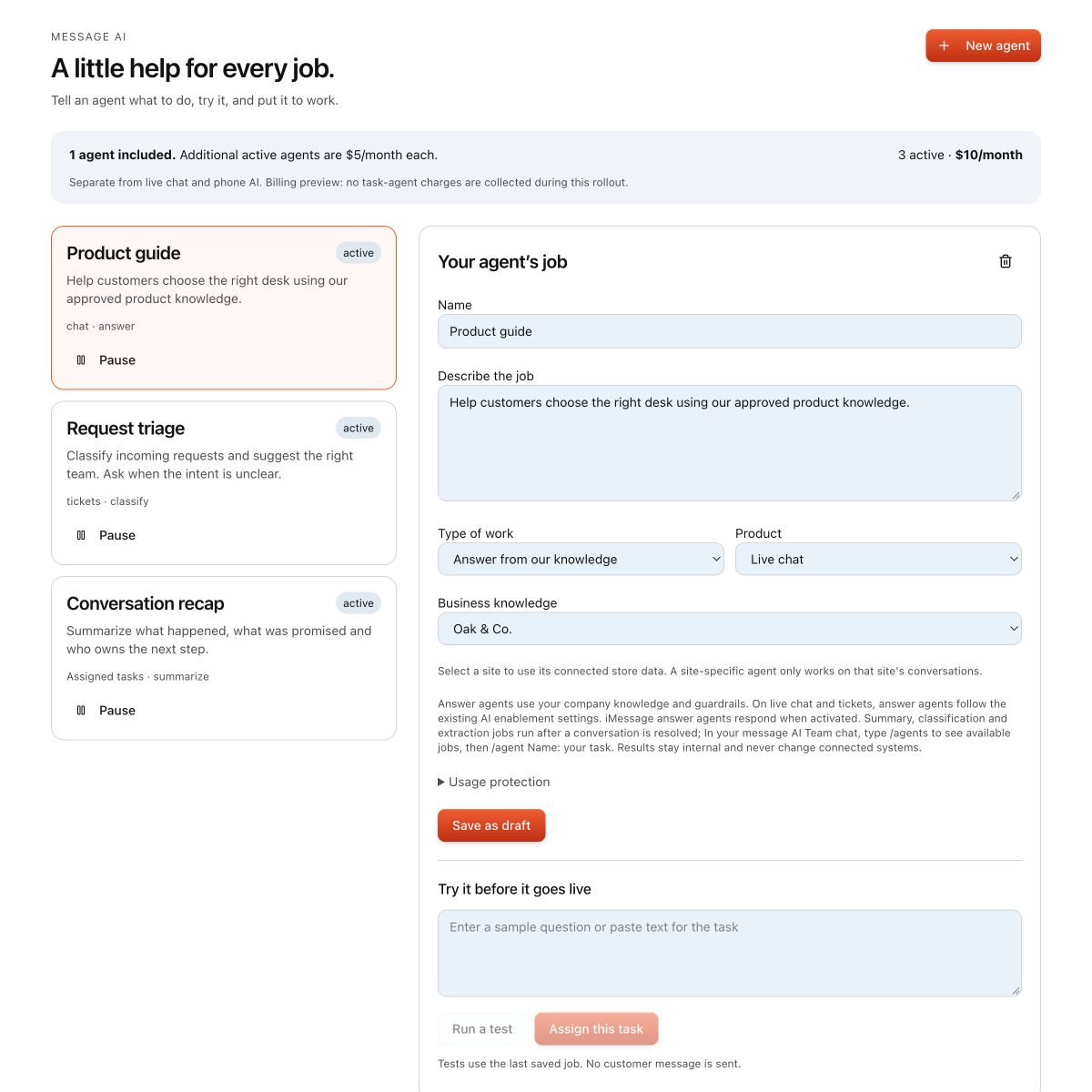 Task agent configuration with job description, product and knowledge scope