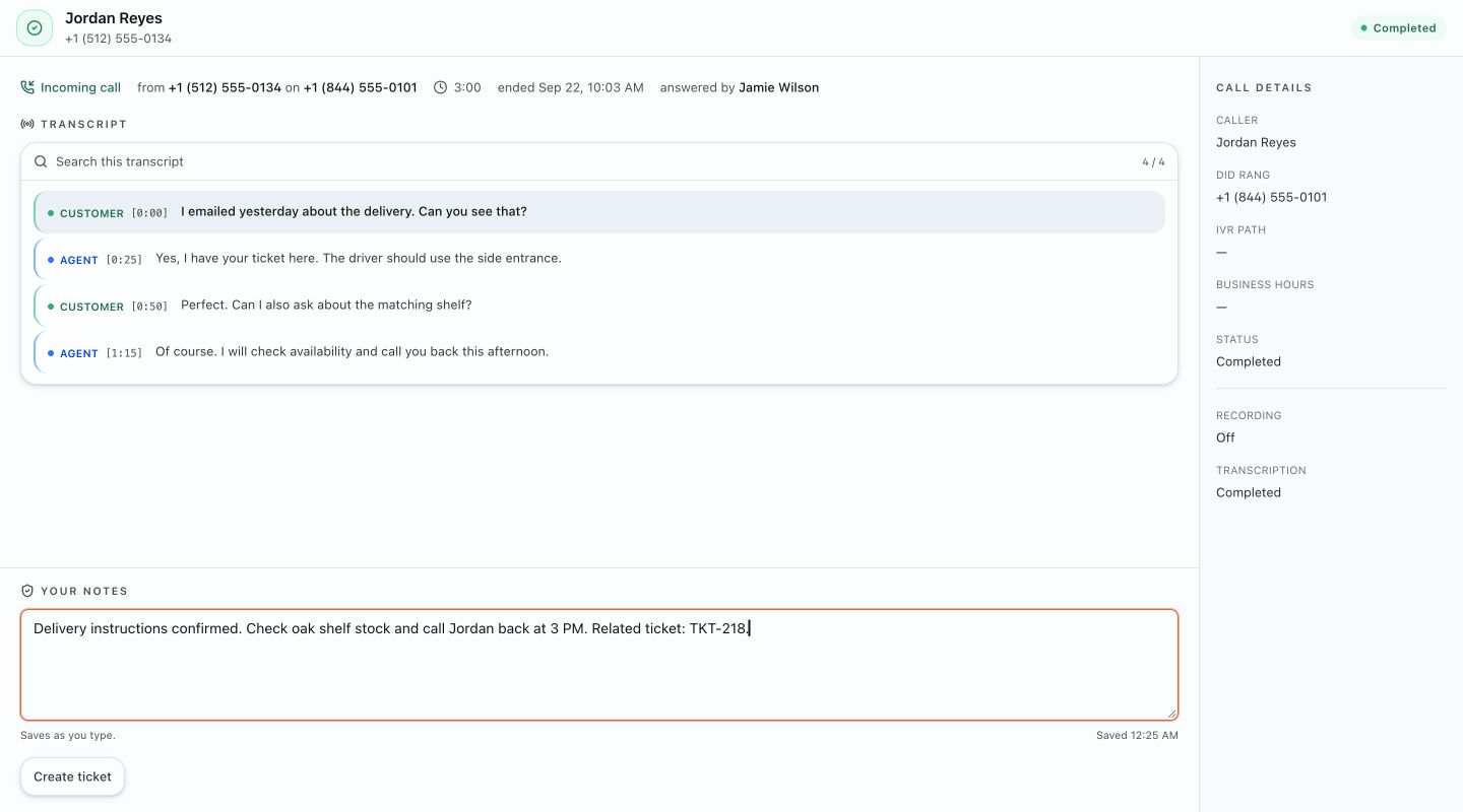 Call record with transcript and business context