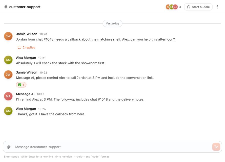 Message Team showing internal channels and a colleague conversation