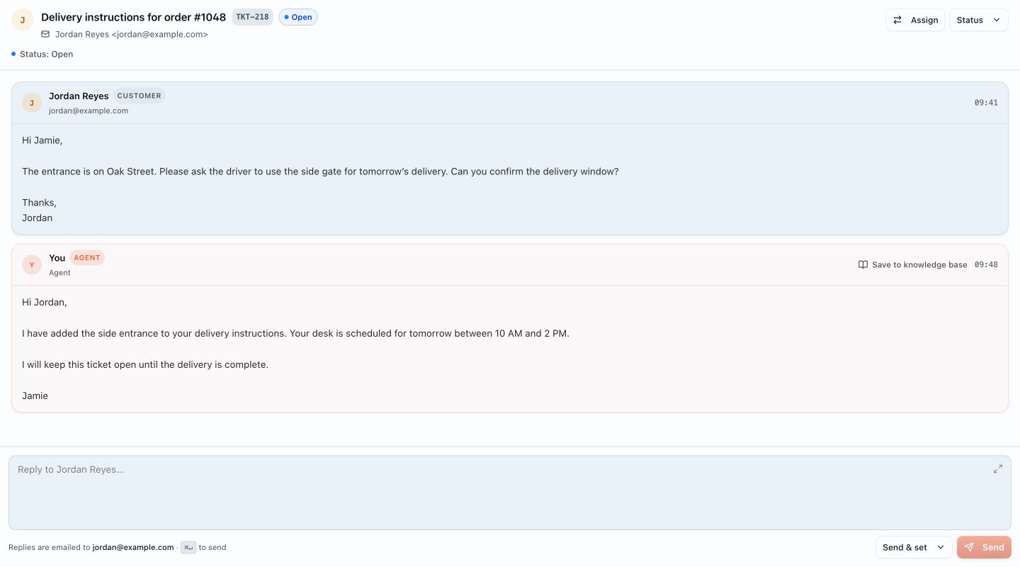 Message Inbox with a customer email and the reply composer