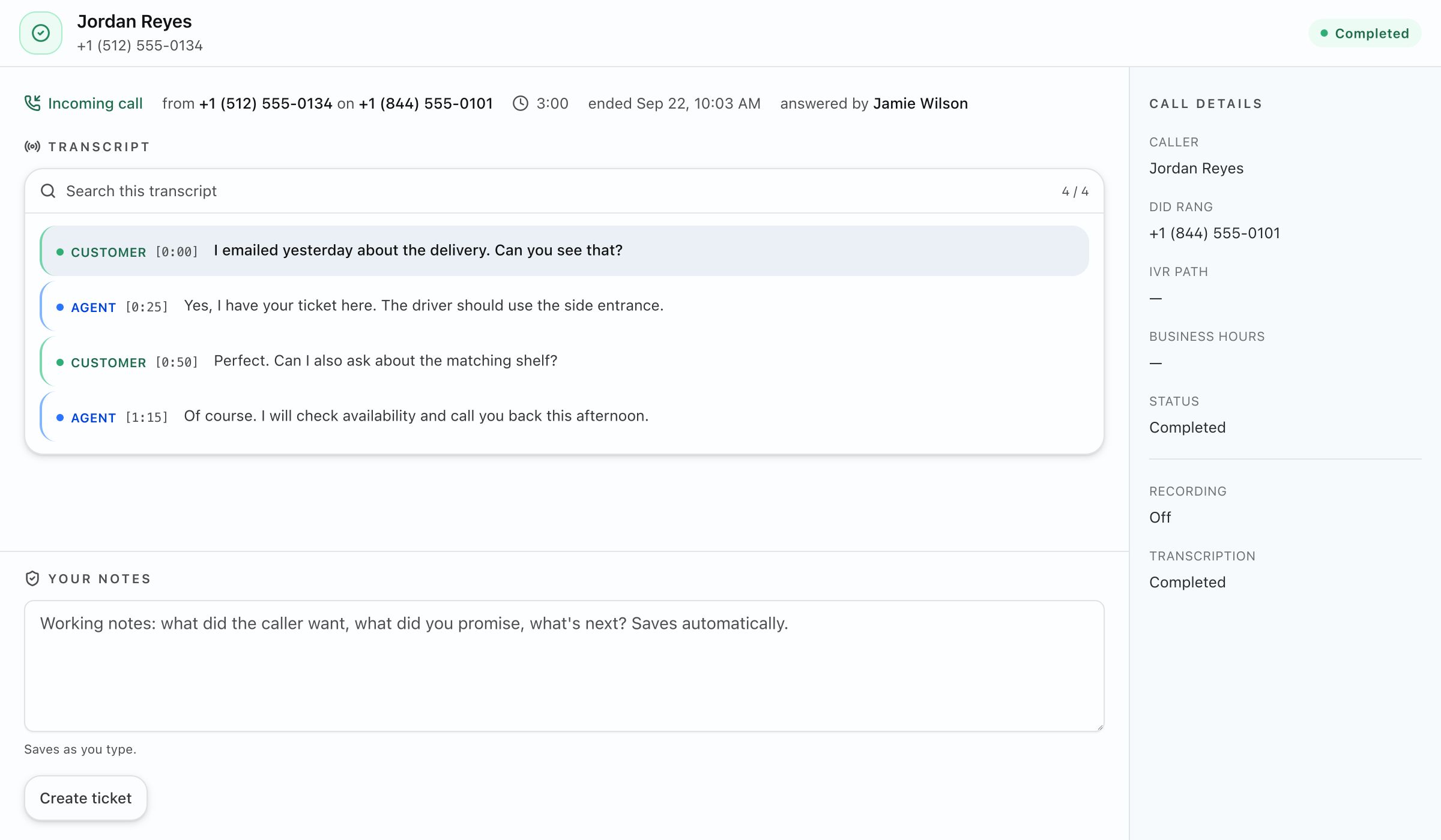 Message call view with the customer transcript, agent replies and completed call details