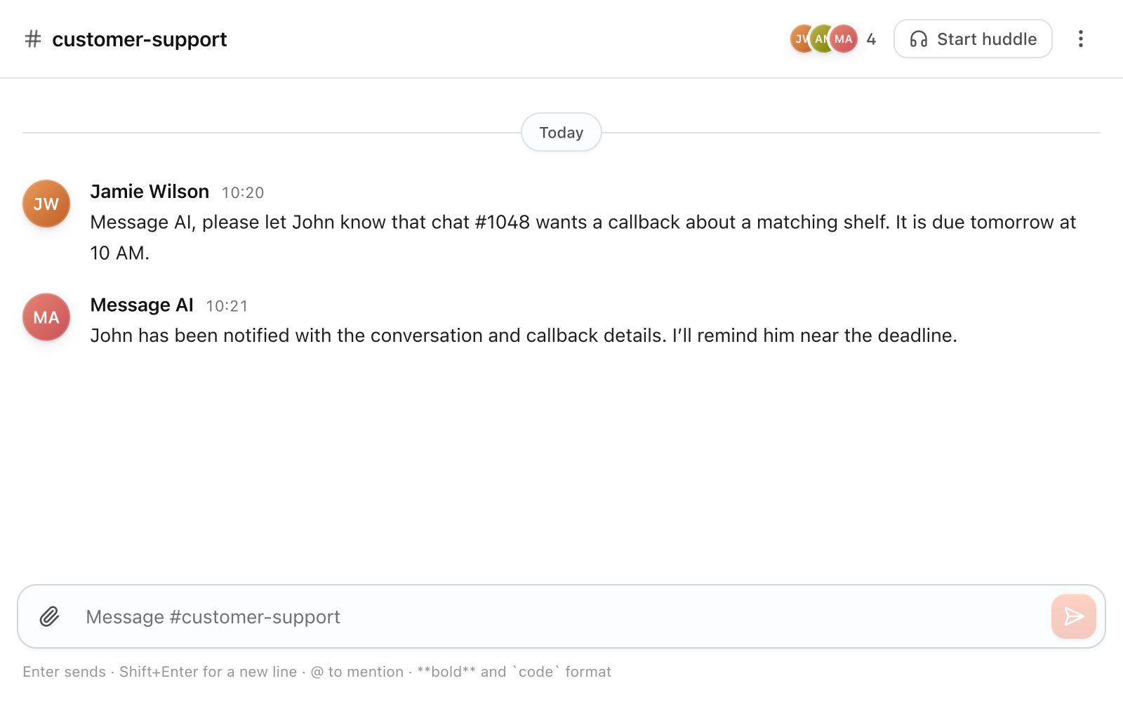 Actual Message workspace for the Slack workflow